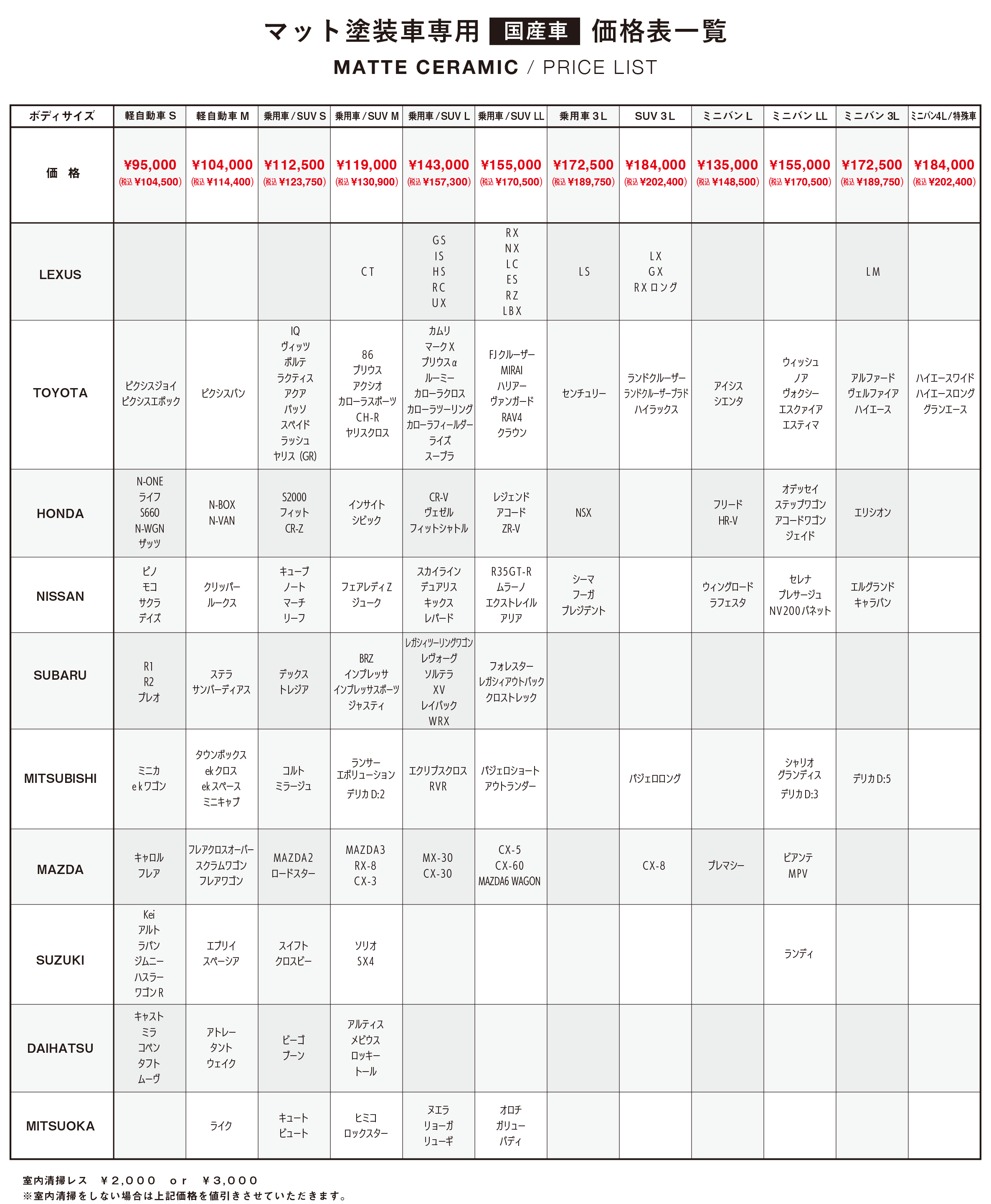 マット塗装車専用価格表