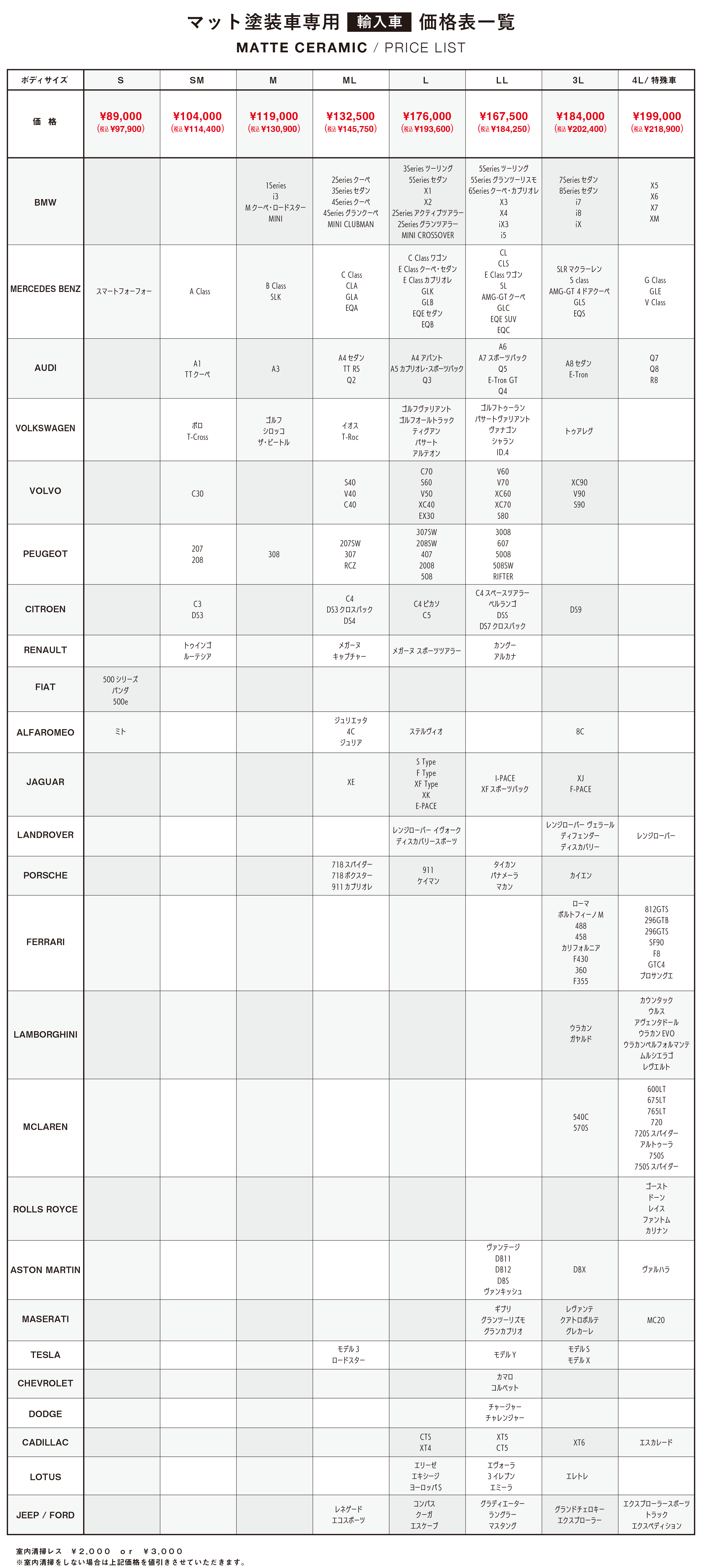 マット塗装車専用価格表